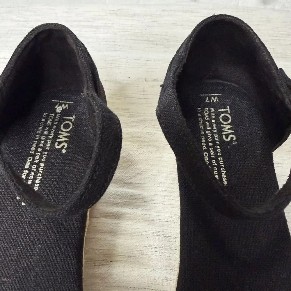 TOMS Black Canvas Peep Toe Jute Wedge Heel‎ Espadrille Sandals Sz 7